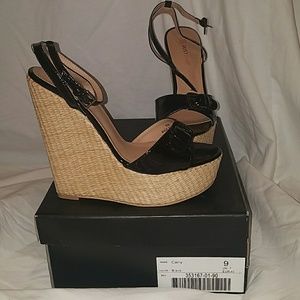 Just Fab Carly Patent Raffia Wedge Heels